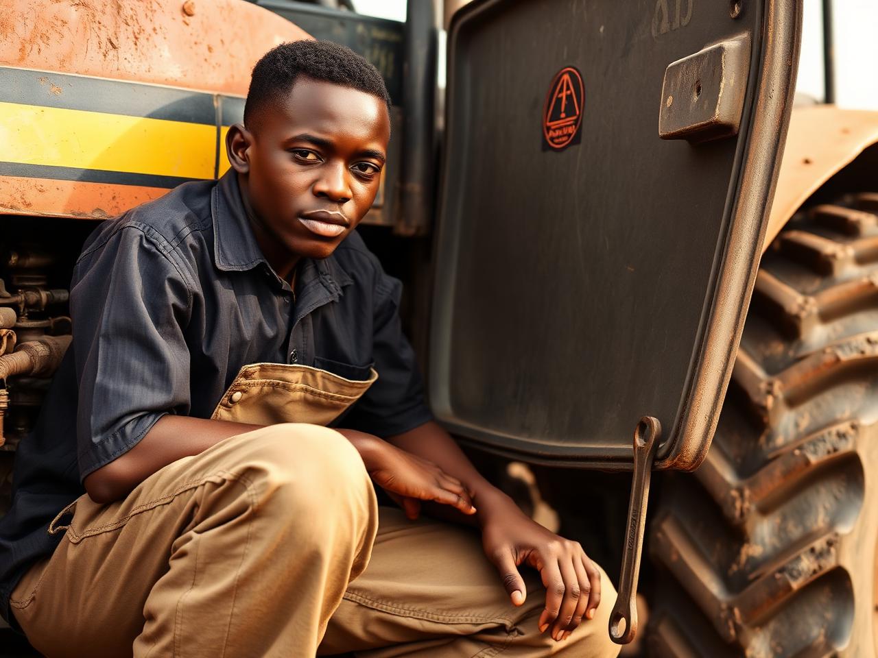 A young African mechanic servicing a Kilimo machine with a hand spanner