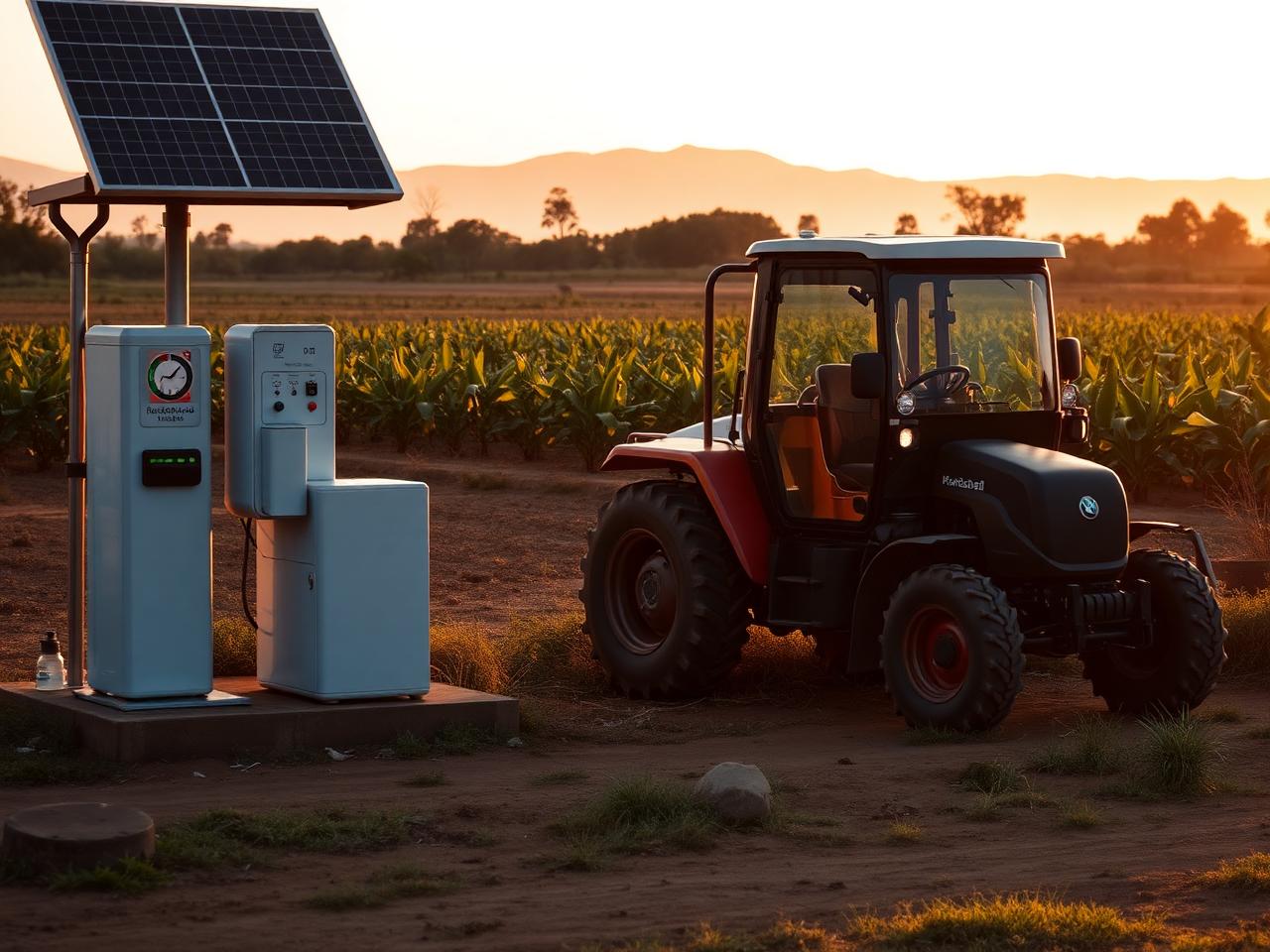 Kilimo machine parked next to a small solar charging station at golden hour