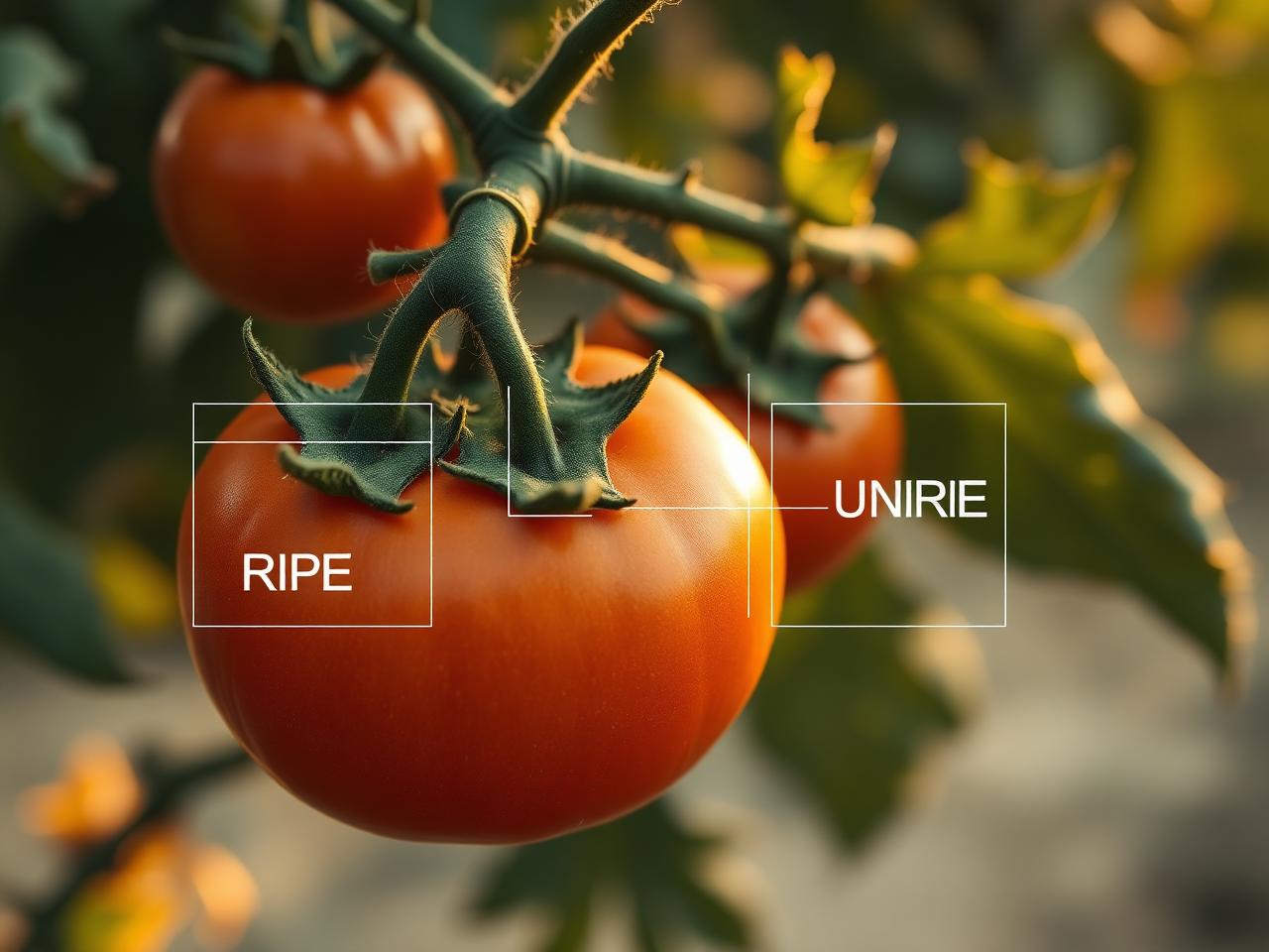 Computer vision overlay identifying ripe and unripe tomatoes on a vine